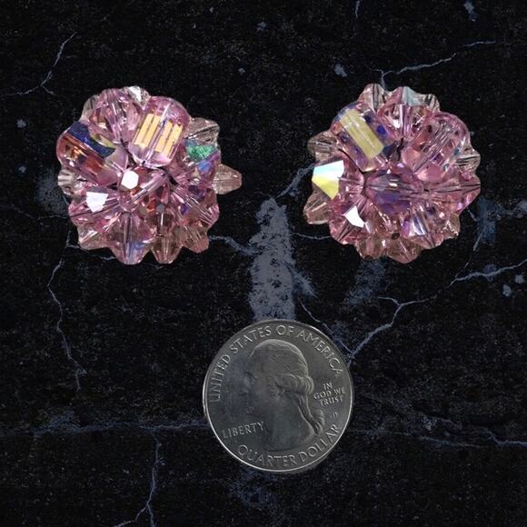 Vintage Pink Earrings Aurora Borealis Rhinestone Clasp Back - Picture 2 of 6